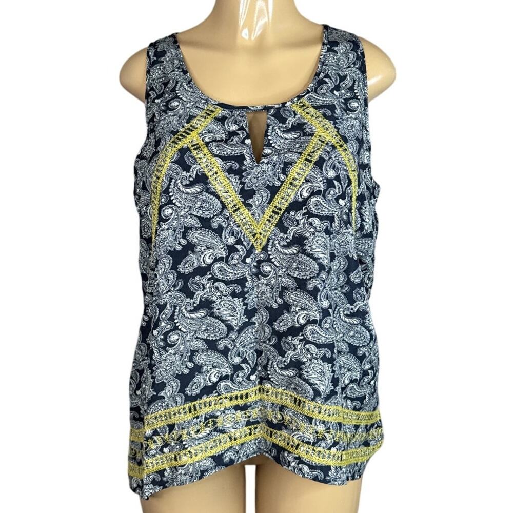 THML Sleeveless Tank Top Yellow Embroidery Black White Paisley SZ Large
